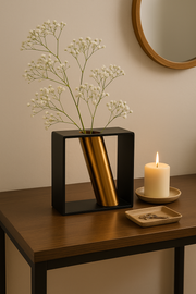 Modern Metal Frame Flower Vase with Golden Tube | Tabletop Decorative Centerpiece for Dining Table, Living Room & Office | (15 x 17 x 6 cm)