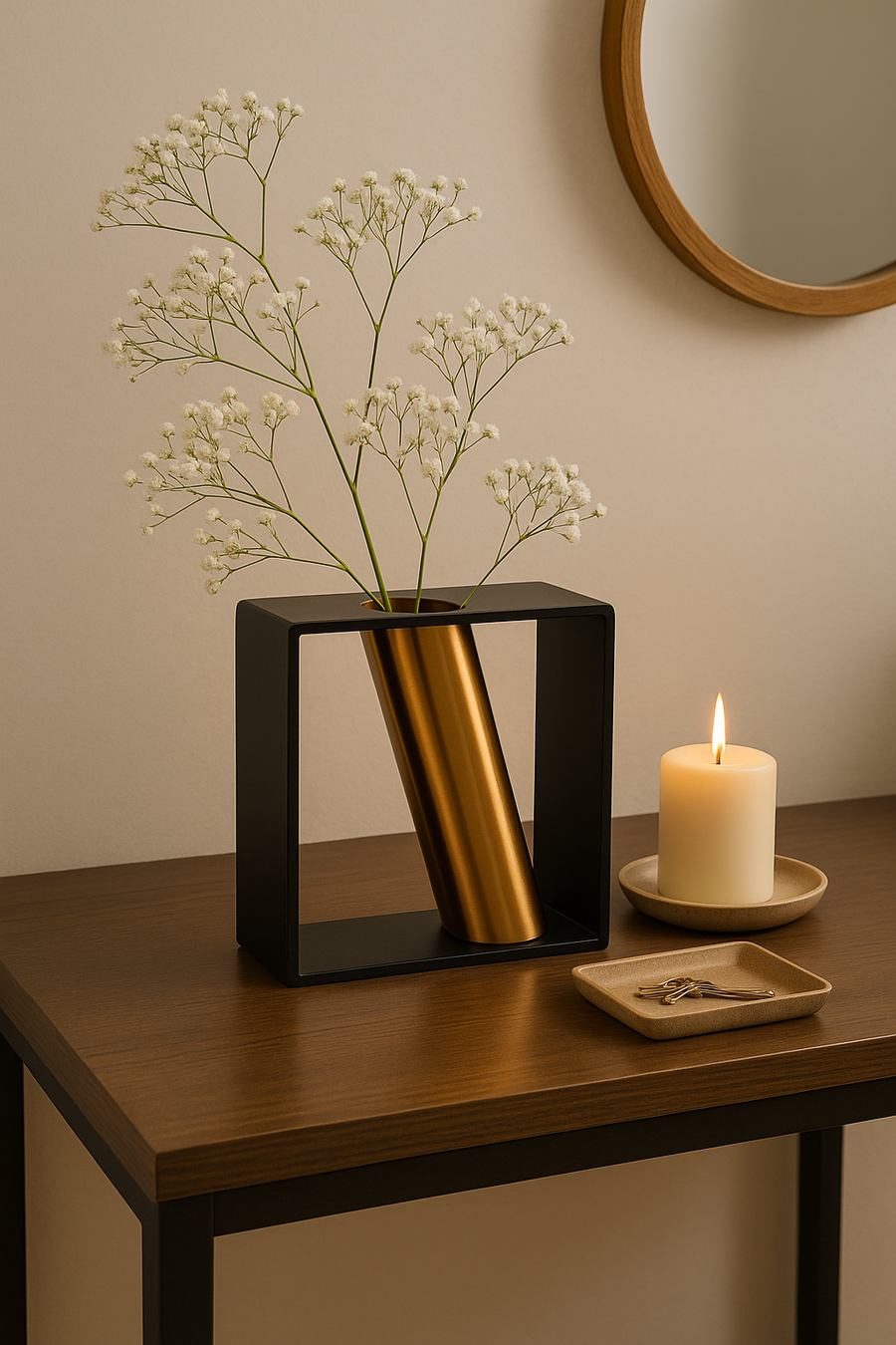 Modern Metal Frame Flower Vase with Golden Tube | Tabletop Decorative Centerpiece for Dining Table, Living Room & Office | (15 x 17 x 6 cm)