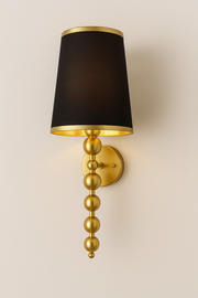 Wall sconce with black shade and gold finish on a beige wall