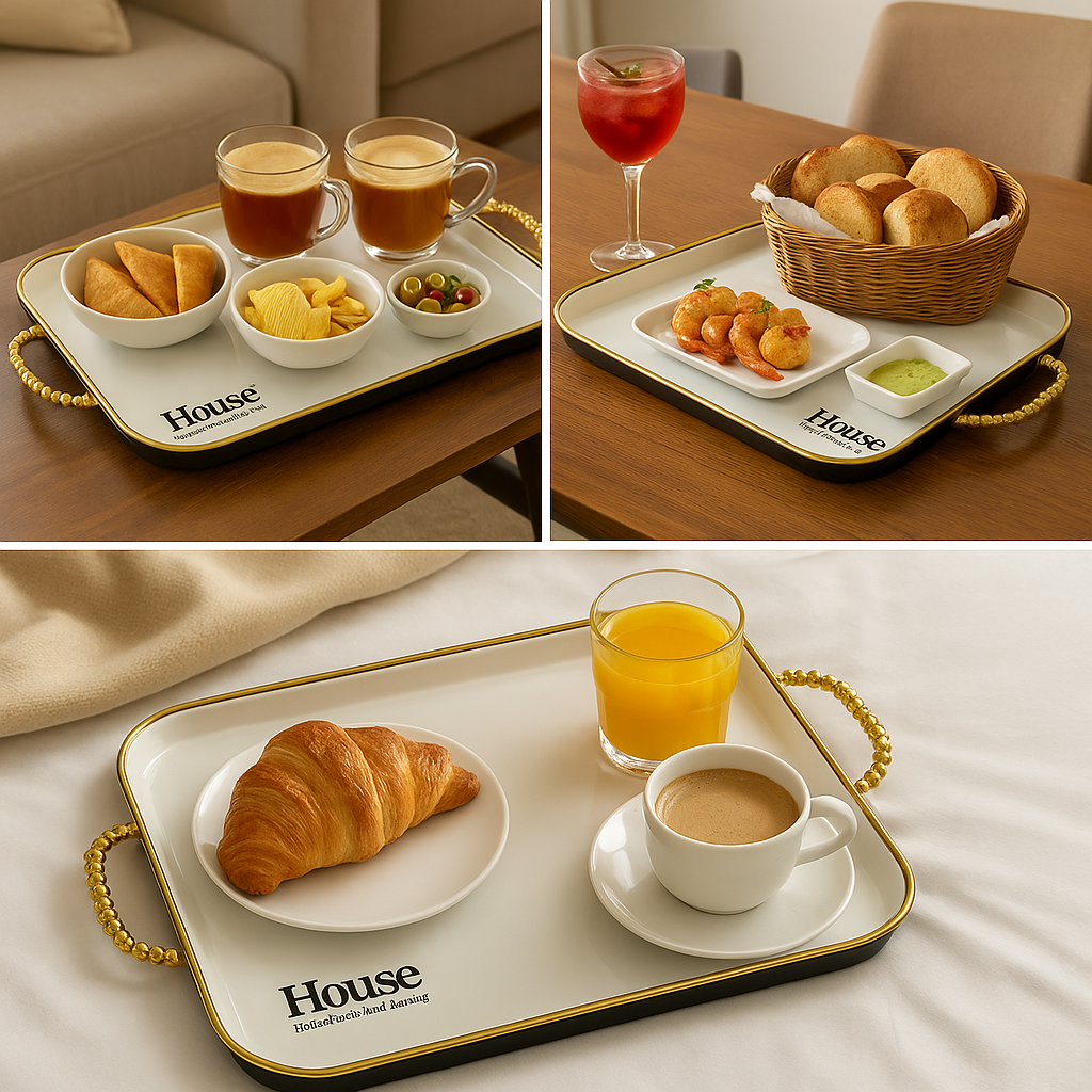 set of 3 off- White & Gold Rectangular Serving Tray