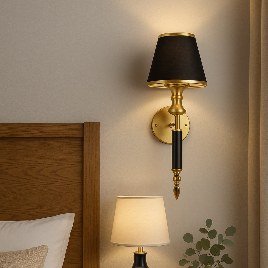Luxury Brass & Black Wall Sconce Light with Fabric Shade – Elegant Decorative Wall Lamp for Living Room, Bedroom & Hallway