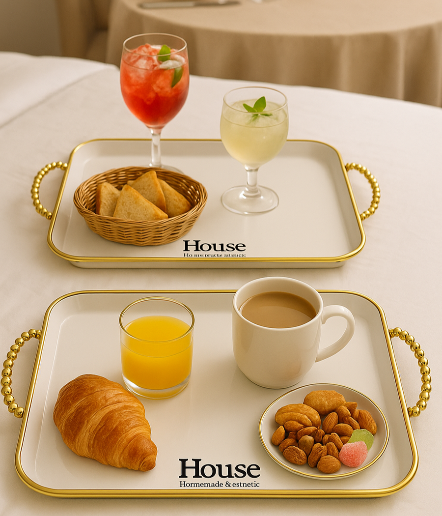 set of 3 off- White & Gold Rectangular Serving Tray