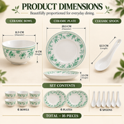Coral Tree 16-Piece Ceramic Dinnerware Set | Green Floral Botanical Design | 6 Bowls, 4 Deep Plates & 6 Ceramic Spoons
