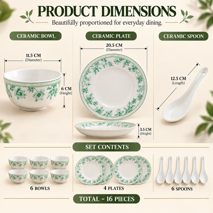 Coral Tree 16-Piece Ceramic Dinnerware Set | Green Floral Botanical Design | 6 Bowls, 4 Deep Plates & 6 Ceramic Spoons