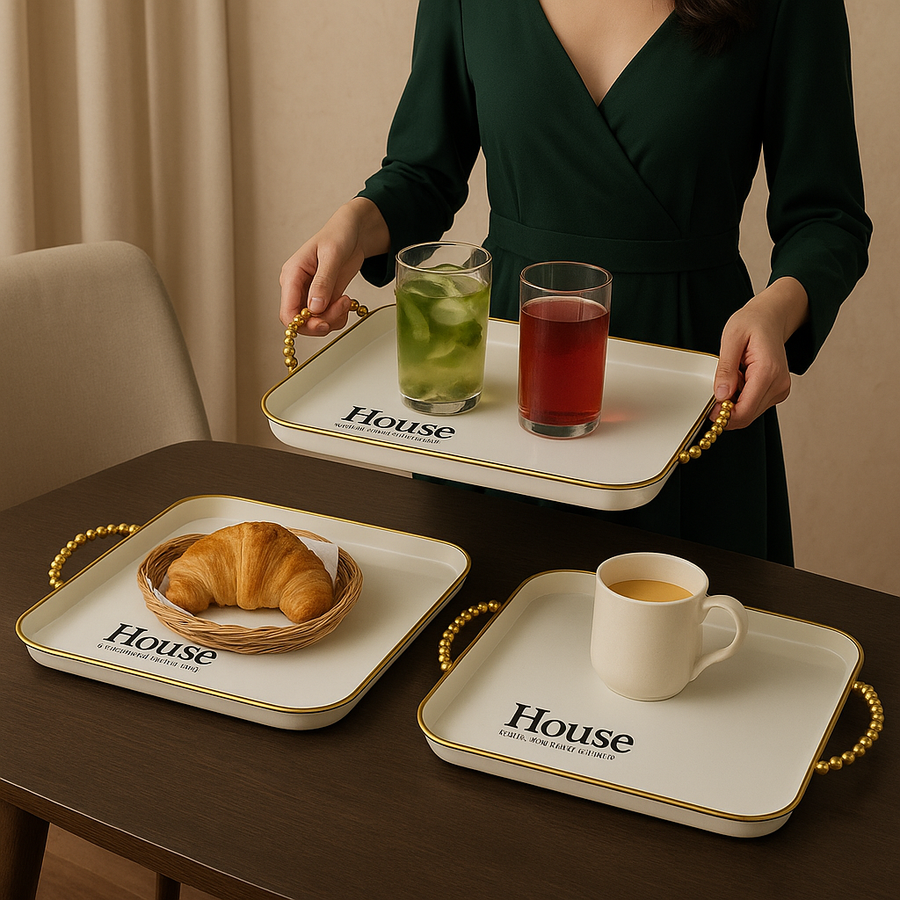 set of 3 off- White & Gold Rectangular Serving Tray