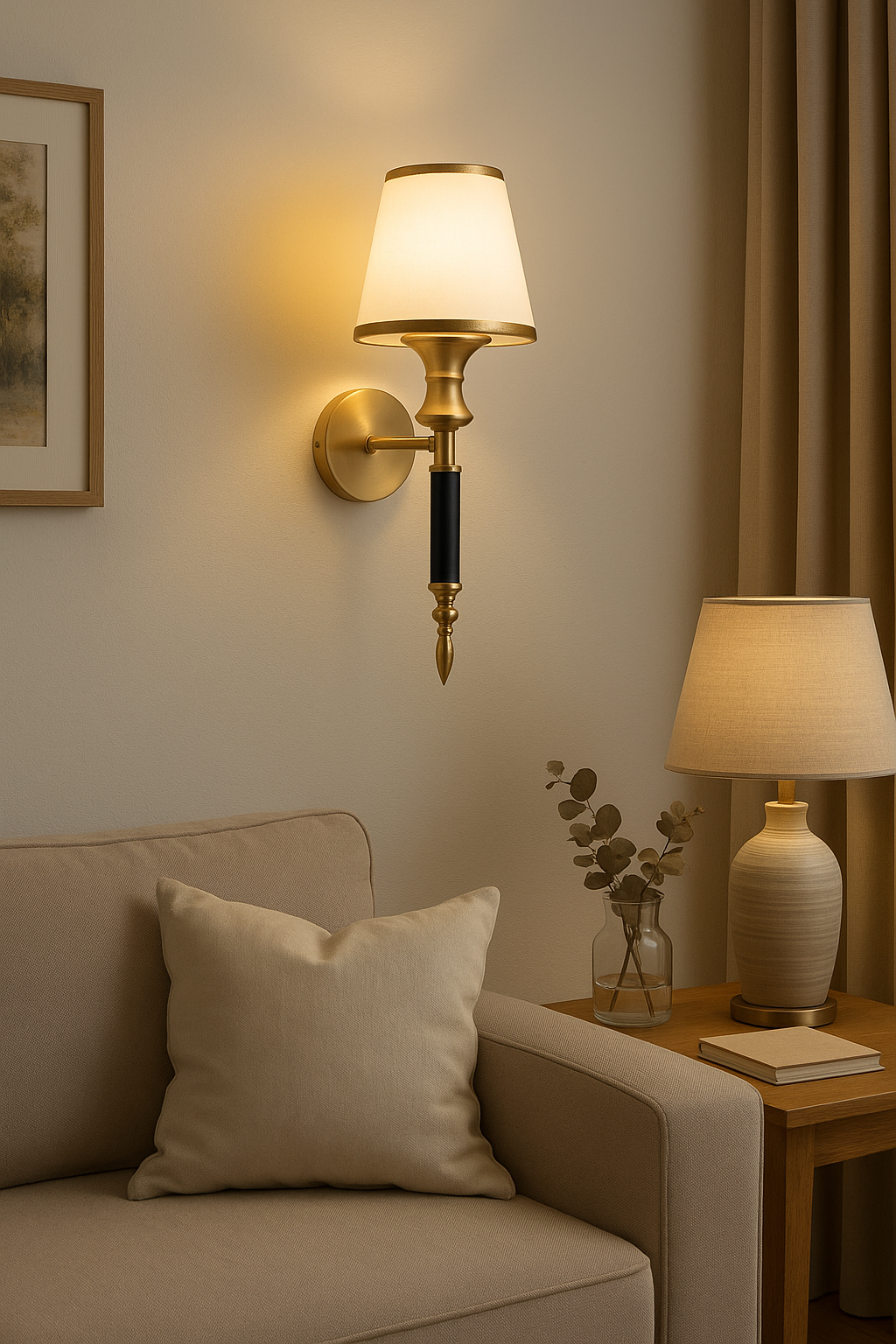 Luxury Brass & White Wall Sconce Light with Fabric Shade – Elegant Decorative Wall Lamp for Living Room, Bedroom & Hallway
