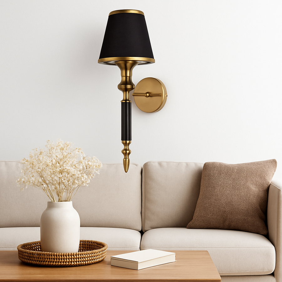 Luxury Brass & Black Wall Sconce Light with Fabric Shade – Elegant Decorative Wall Lamp for Living Room, Bedroom & Hallway