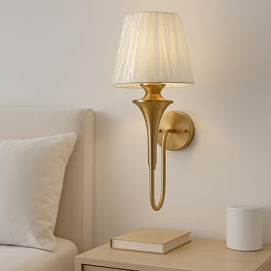 Golden Wall Mounted Lamp with Fabric Shade – Classic Brass Finish