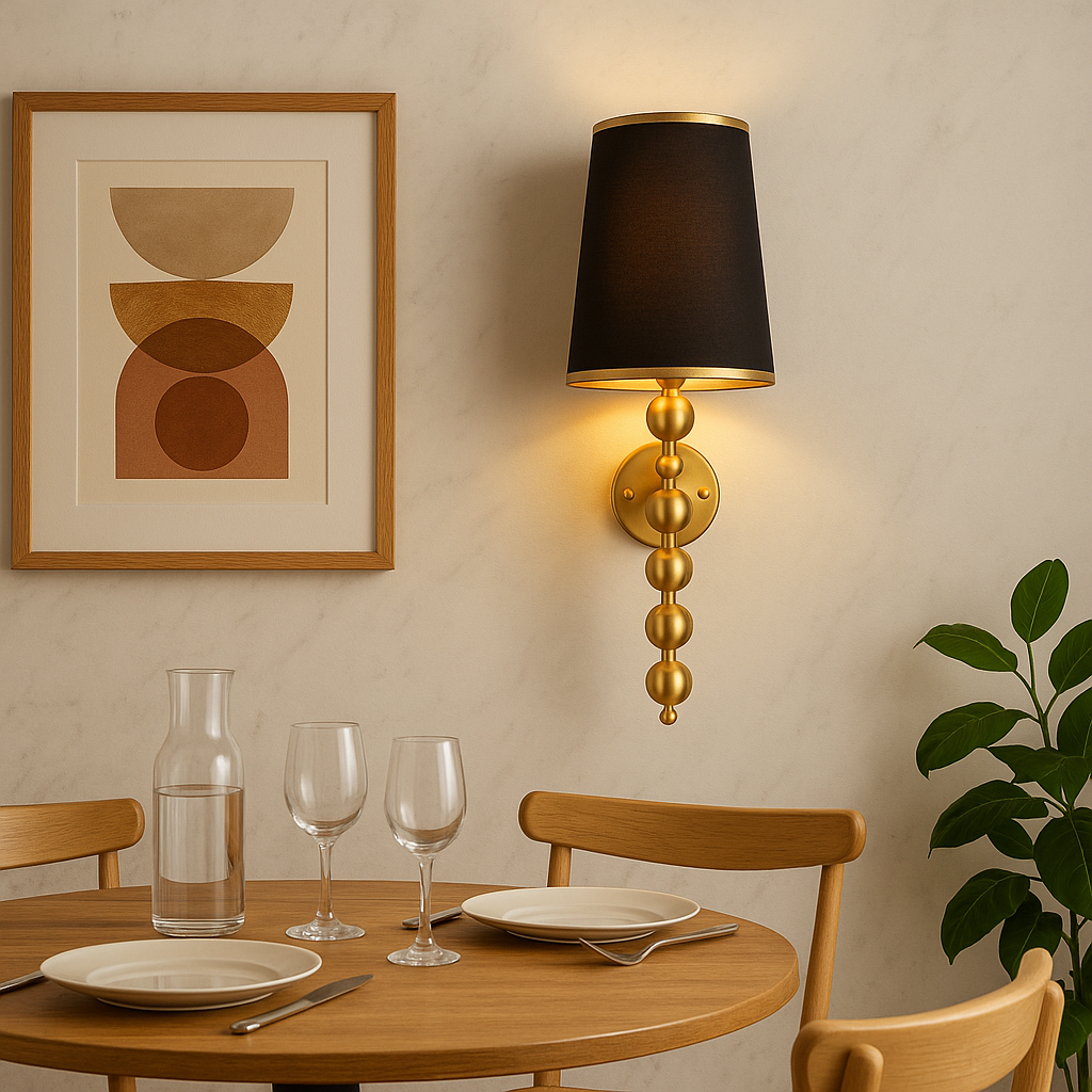 a wall sconce with a black shade