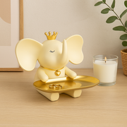 Decorative Elephant Figurine with Golden Crown and Tray – Resin Tabletop Organizer for Keys, Jewelry, Coins, and Decor Accents