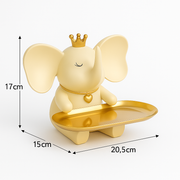 Decorative Elephant Figurine with Golden Crown and Tray – Resin Tabletop Organizer for Keys, Jewelry, Coins, and Decor Accents