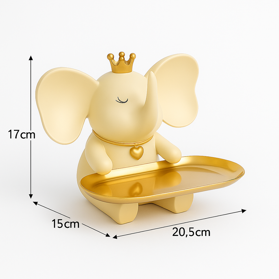 Decorative Elephant Figurine with Golden Crown and Tray – Resin Tabletop Organizer for Keys, Jewelry, Coins, and Decor Accents
