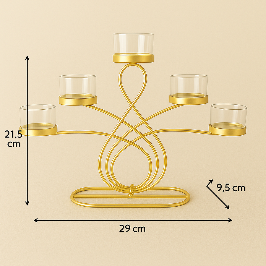 Elegant 5-Arm T-Light Candle Holder | Gold Metal Stand with Glass Cups | Home Décor Accent