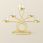 Elegant 5-Arm T-Light Candle Holder | Gold Metal Stand with Glass Cups | Home Décor Accent