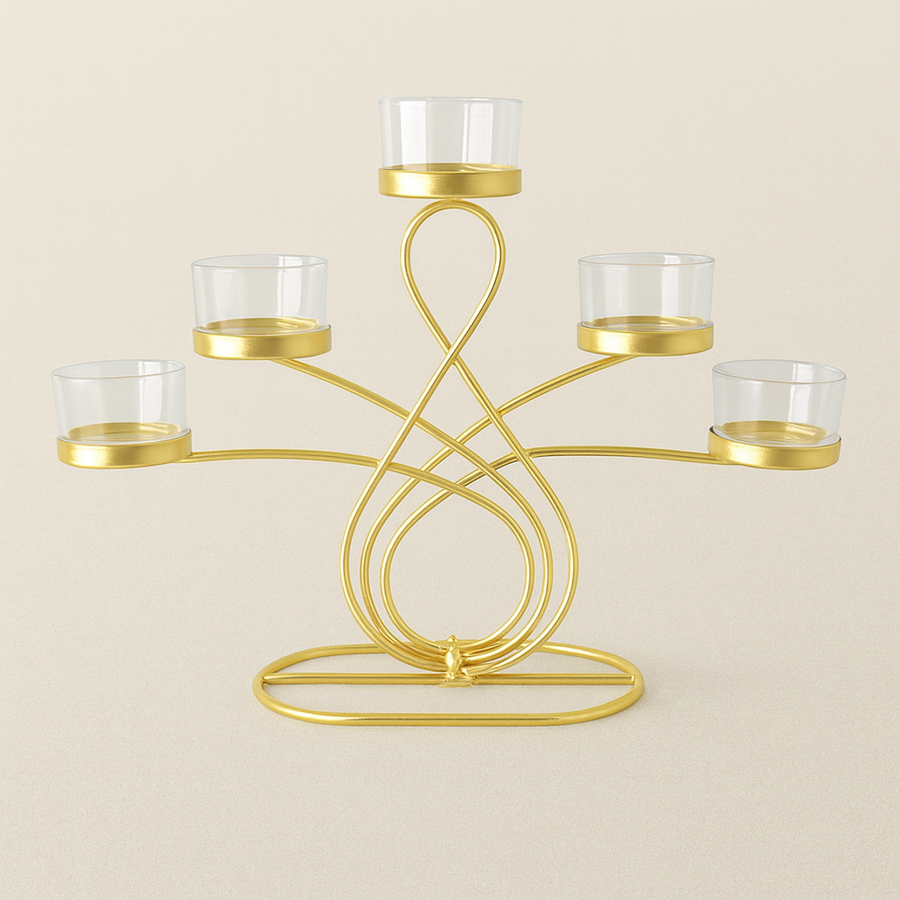 Elegant 5-Arm T-Light Candle Holder | Gold Metal Stand with Glass Cups | Home Décor Accent