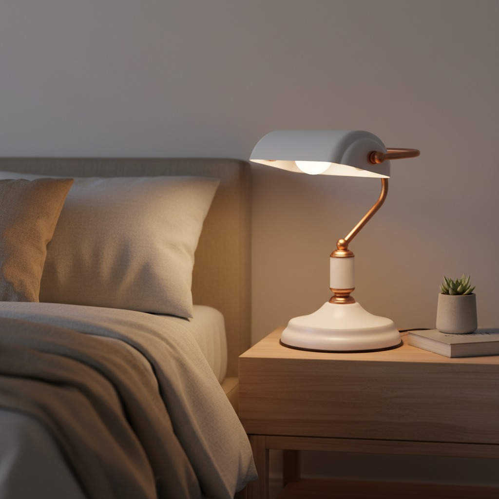 Modern Banker Style Table Lamp with Copper Arm | Premium Desk & Bedside Lamp | Black & White Color Options