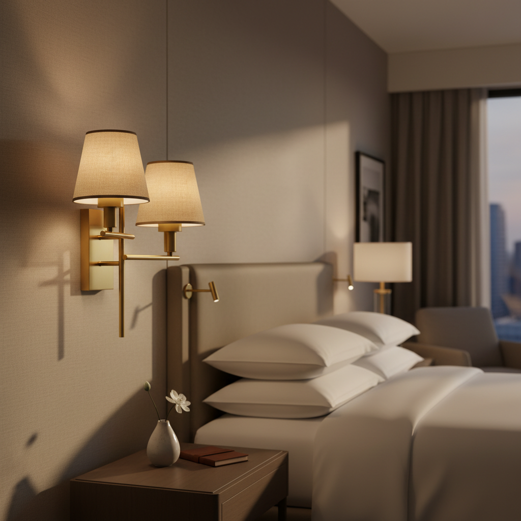 Modern Dual Wall Sconce Light with Fabric Shades | Brass Finish Metal Wall Lamp | E27 Holder