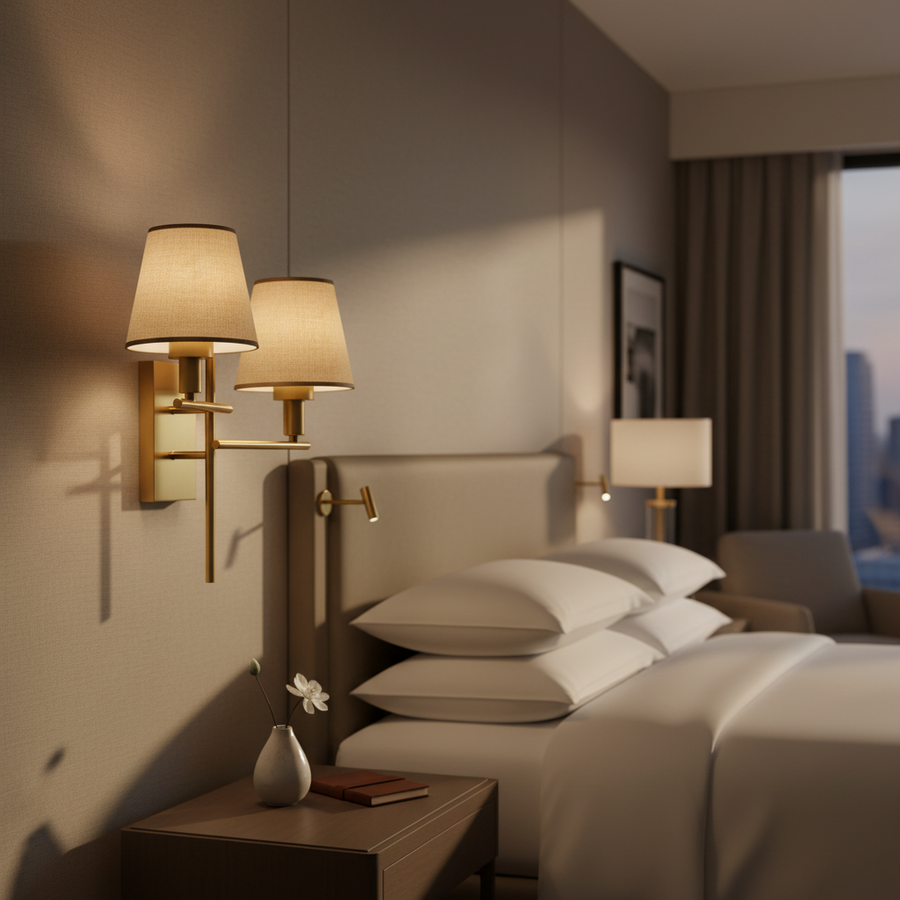 Modern Dual Wall Sconce Light with Fabric Shades | Brass Finish Metal Wall Lamp | E27 Holder