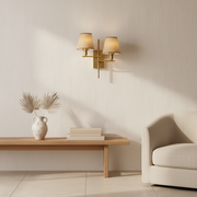 Modern Dual Wall Sconce Light with Fabric Shades | Brass Finish Metal Wall Lamp | E27 Holder