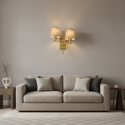 Modern Dual Wall Sconce Light with Fabric Shades | Brass Finish Metal Wall Lamp | E27 Holder