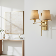 Modern Dual Wall Sconce Light with Fabric Shades | Brass Finish Metal Wall Lamp | E27 Holder