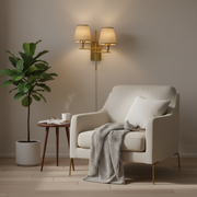 Modern Dual Wall Sconce Light with Fabric Shades | Brass Finish Metal Wall Lamp | E27 Holder