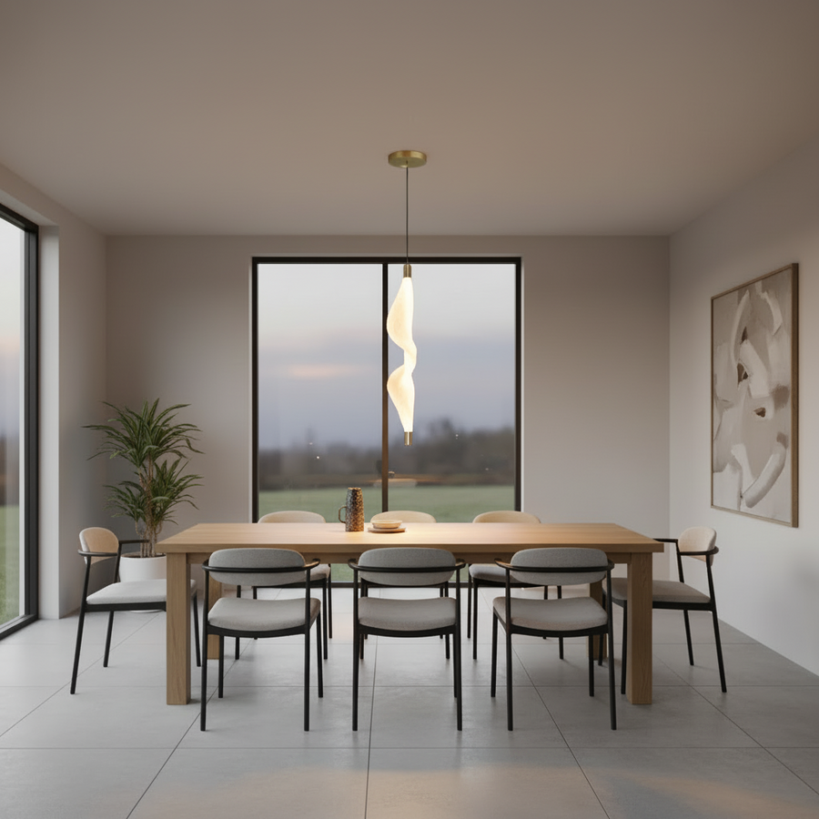 Modern Frilly LED Pendant Light | Off-White Warm Glow | Adjustable Hanging Light with Black Wire & Golden Ceiling Plate | 10W LED