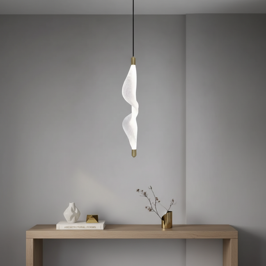 Modern Frilly LED Pendant Light | Off-White Warm Glow | Adjustable Hanging Light with Black Wire & Golden Ceiling Plate | 10W LED