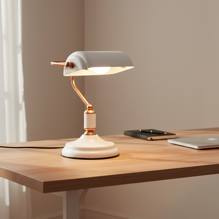 Modern Banker Style Table Lamp with Copper Arm | Premium Desk & Bedside Lamp | Black & White Color Options