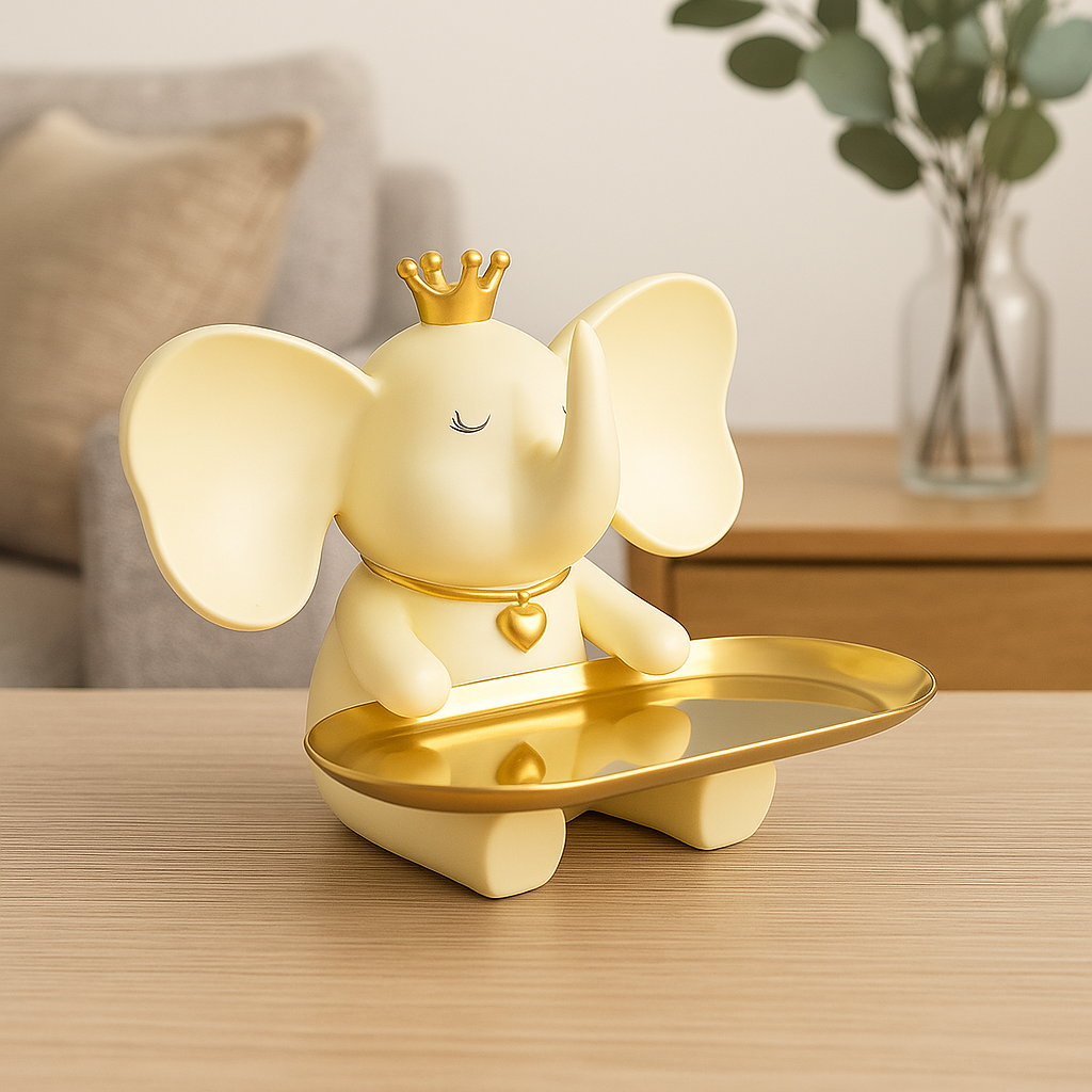 Decorative Elephant Figurine with Golden Crown and Tray – Resin Tabletop Organizer for Keys, Jewelry, Coins, and Decor Accents