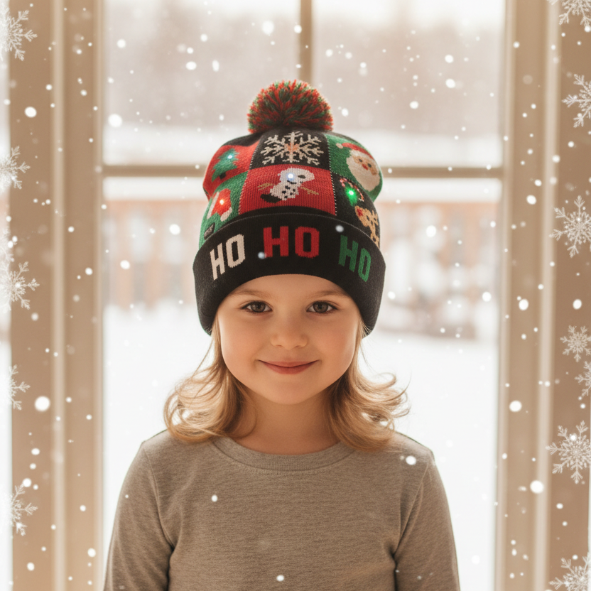 LED Christmas Woolen Beanie Cap with 6 Lights – Free Size Winter Hat