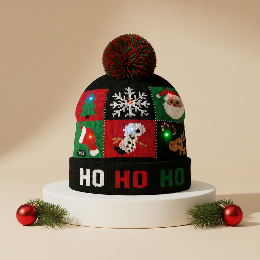 LED Christmas Woolen Beanie Cap with 6 Lights – Free Size Winter Hat