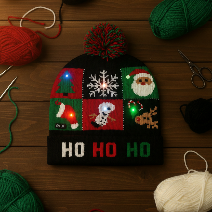 LED Christmas Woolen Beanie Cap with 6 Lights – Free Size Winter Hat