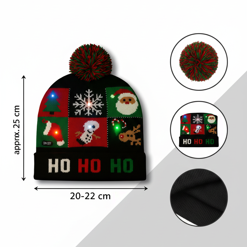 LED Christmas Woolen Beanie Cap with 6 Lights – Free Size Winter Hat
