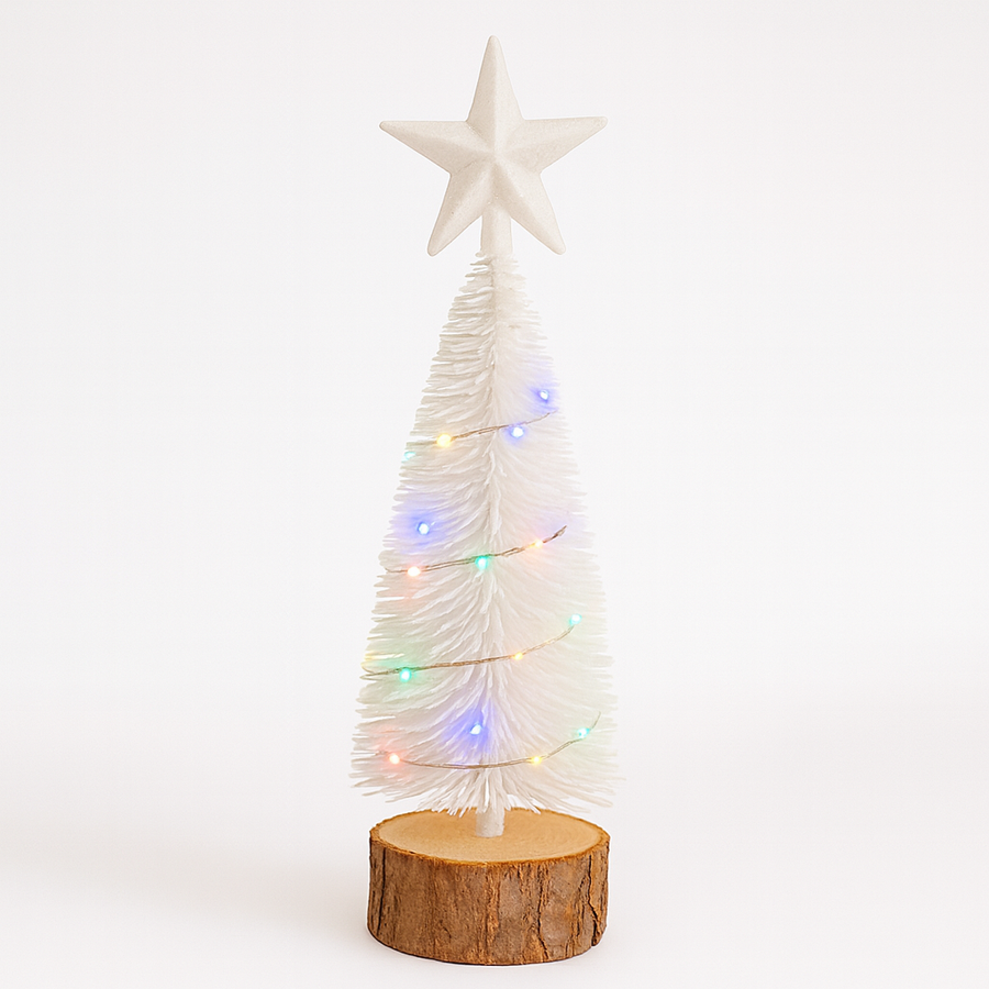 Mini White LED Christmas Tree with Wooden Base Set of 2