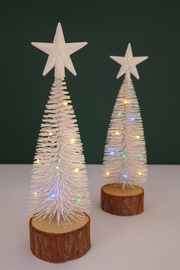 Mini White LED Christmas Tree with Wooden Base Set of 2