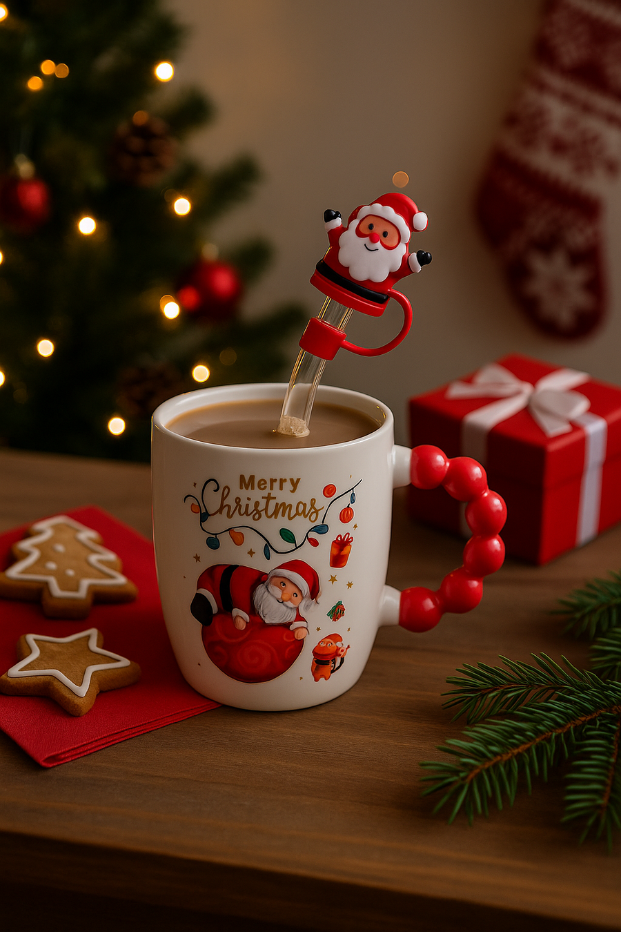 🎅 Festive “Merry Christmas” Santa Mug with Straw & Lid Set