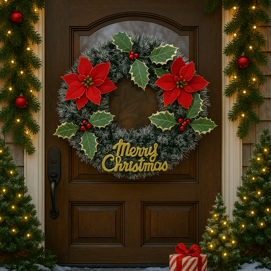 Decorative Christmas wreath with poinsettias and 'Merry Christmas' on a door surrounded by lights and trees.