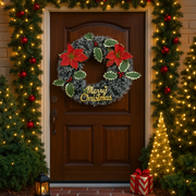 Decorated front door with Christmas wreath, lights, and trees.