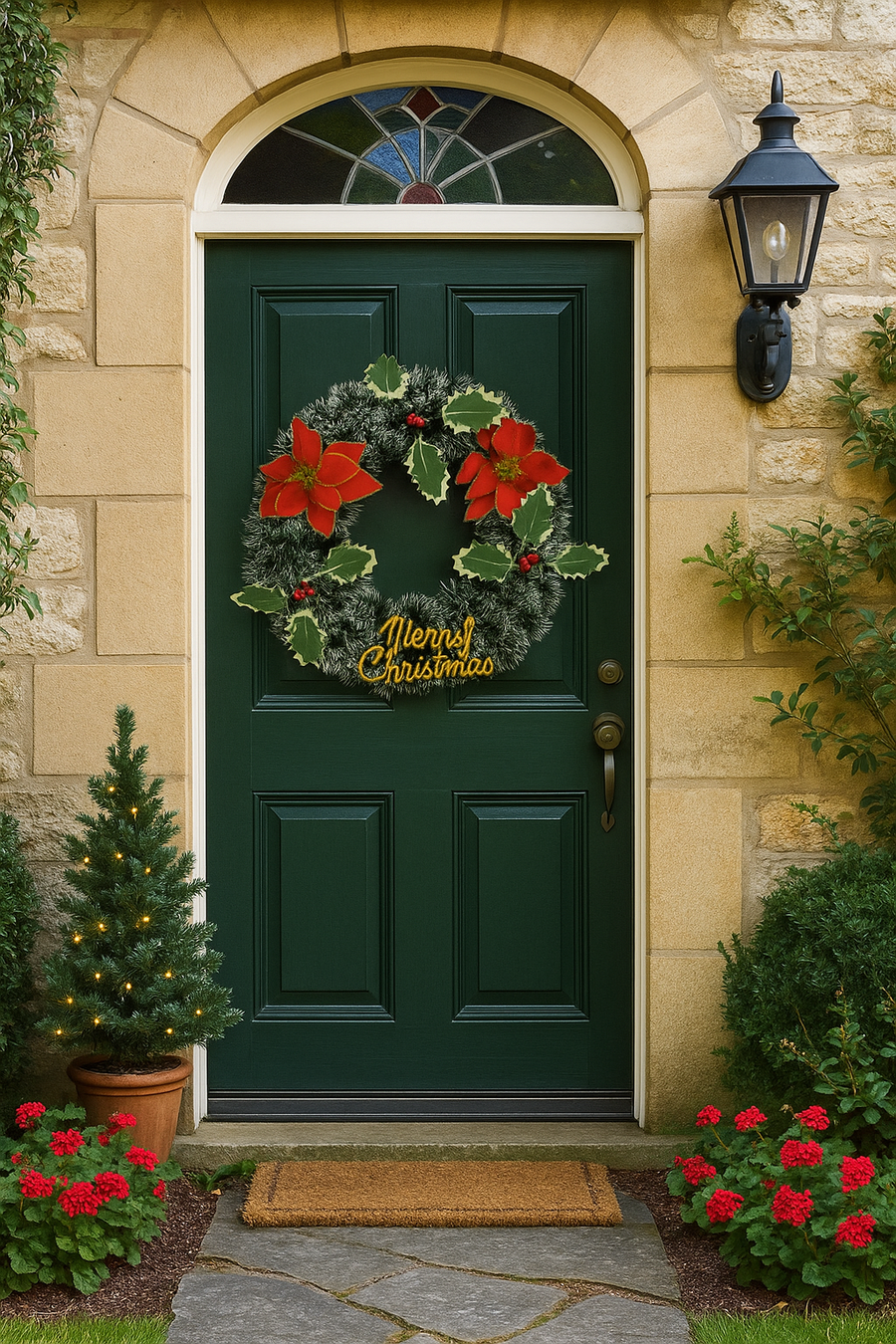 Green door with festive wreath, potted plants, and stone wall background