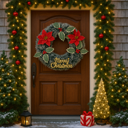Decorative Christmas wreath with poinsettias on a wooden door, surrounded by festive lights and trees.