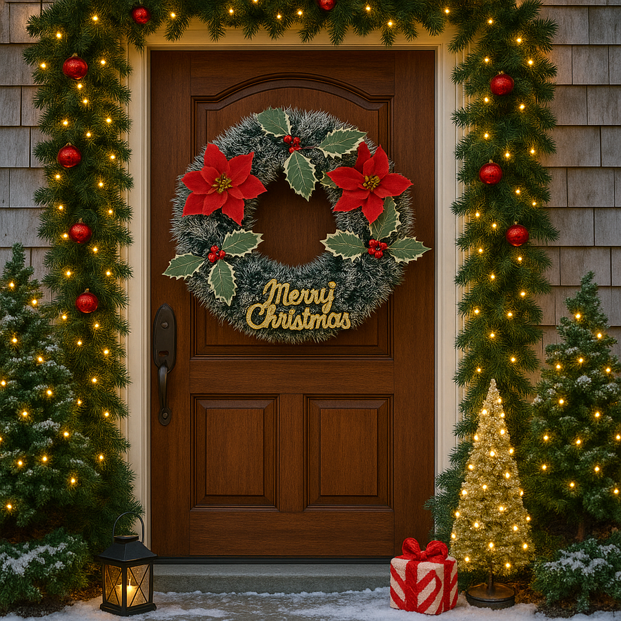 Decorative Christmas wreath with poinsettias on a wooden door, surrounded by festive lights and trees.