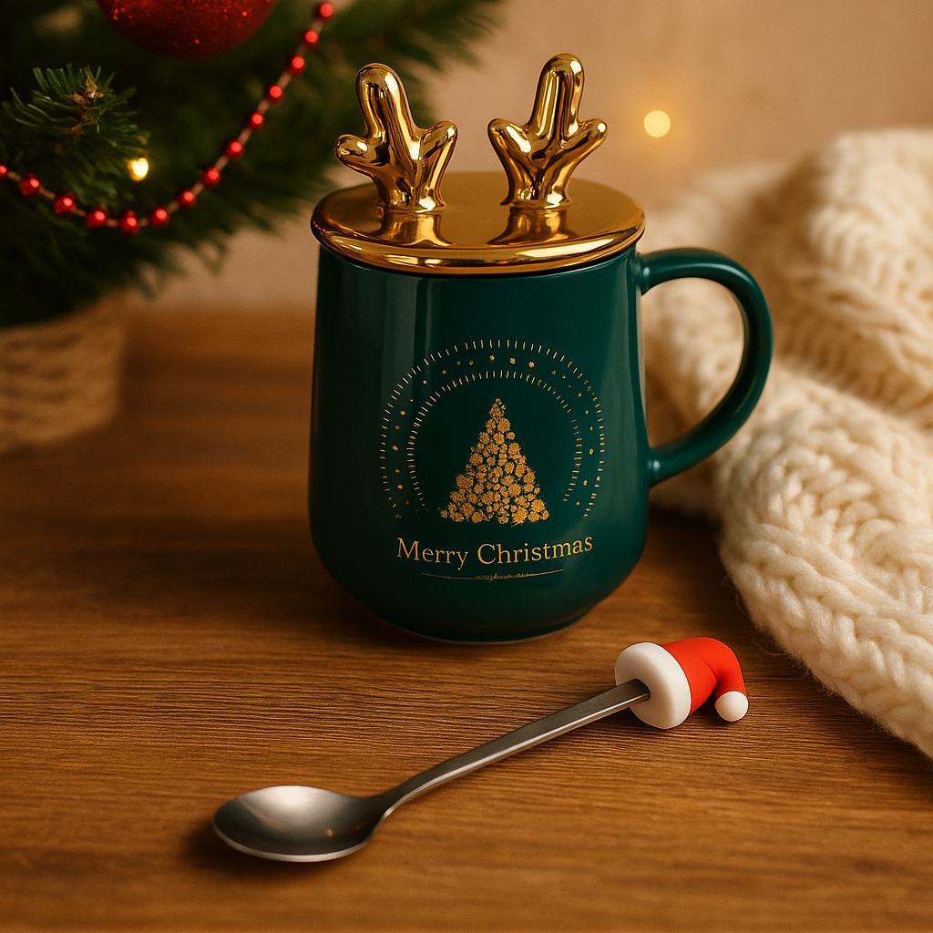Merry Christmas Ceramic Mug with Golden Reindeer Lid & Santa Spoon – Festive Gift (400 ml)
