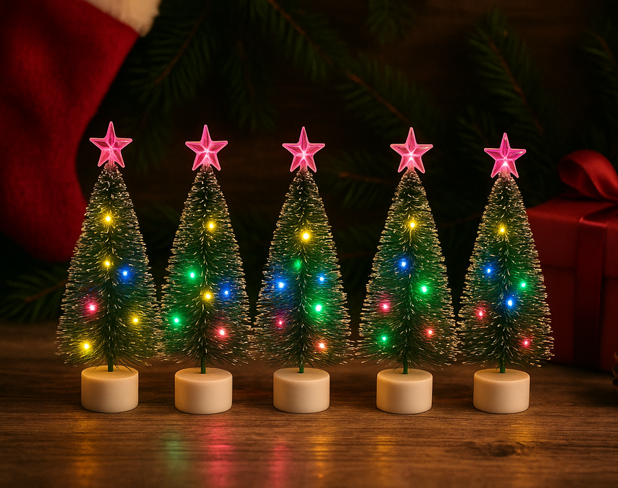 Coral Tree Set of 5 LED Fiber Optic Mini Christmas Trees – Color-Changing, Battery Operated 🎄