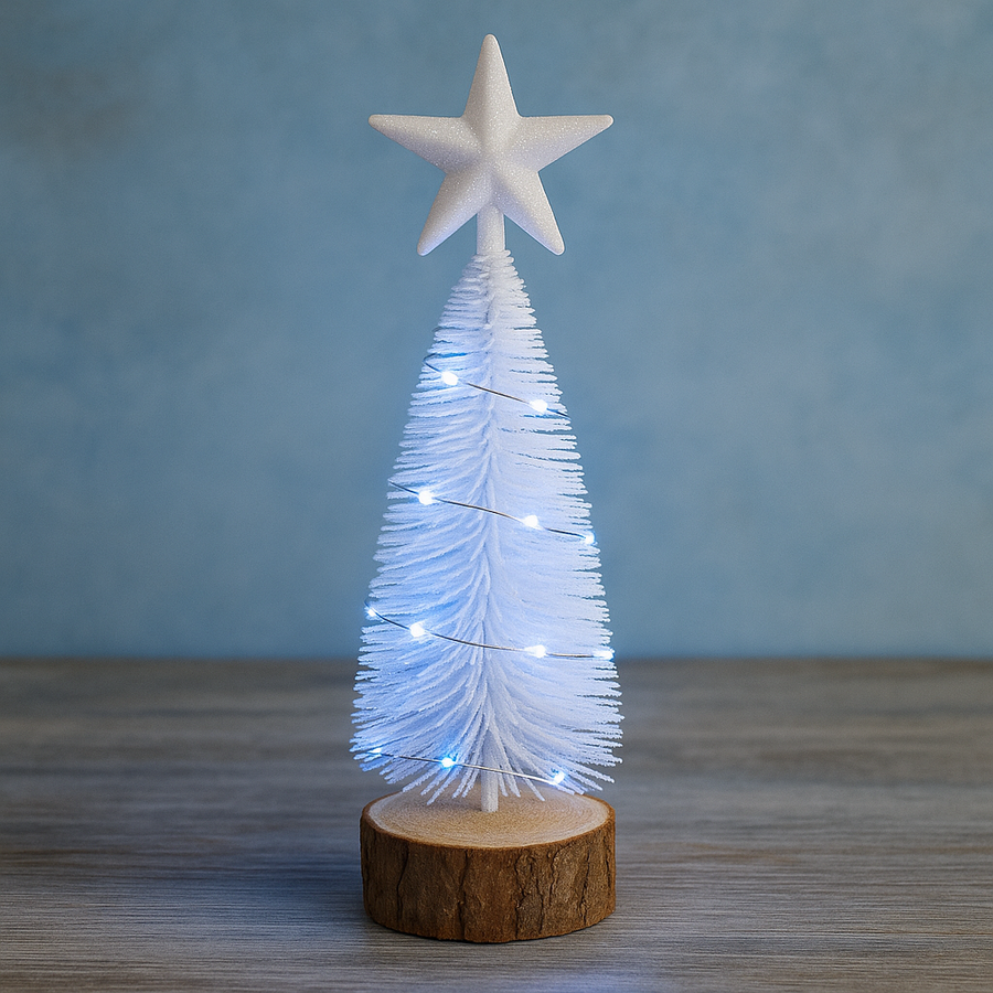 Mini White LED Christmas Tree with Wooden Base Set of 2