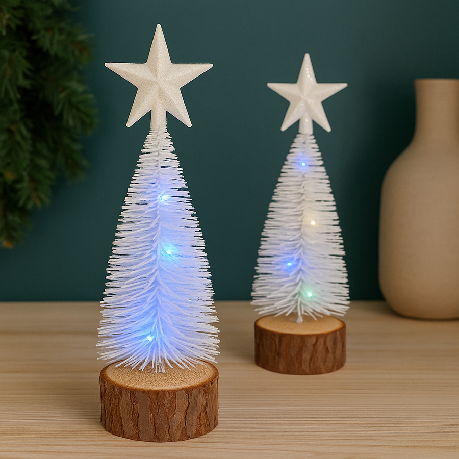 Mini White LED Christmas Tree with Wooden Base Set of 2