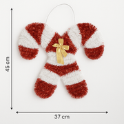 Festive Red & White Candy Cane Christmas Hanging Decoration with Golden Bow – Tinsel Wall & Door Ornament