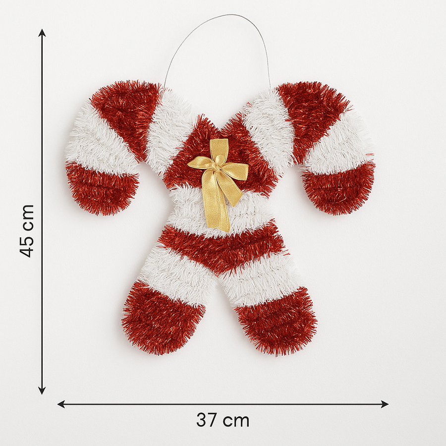 Festive Red & White Candy Cane Christmas Hanging Decoration with Golden Bow – Tinsel Wall & Door Ornament
