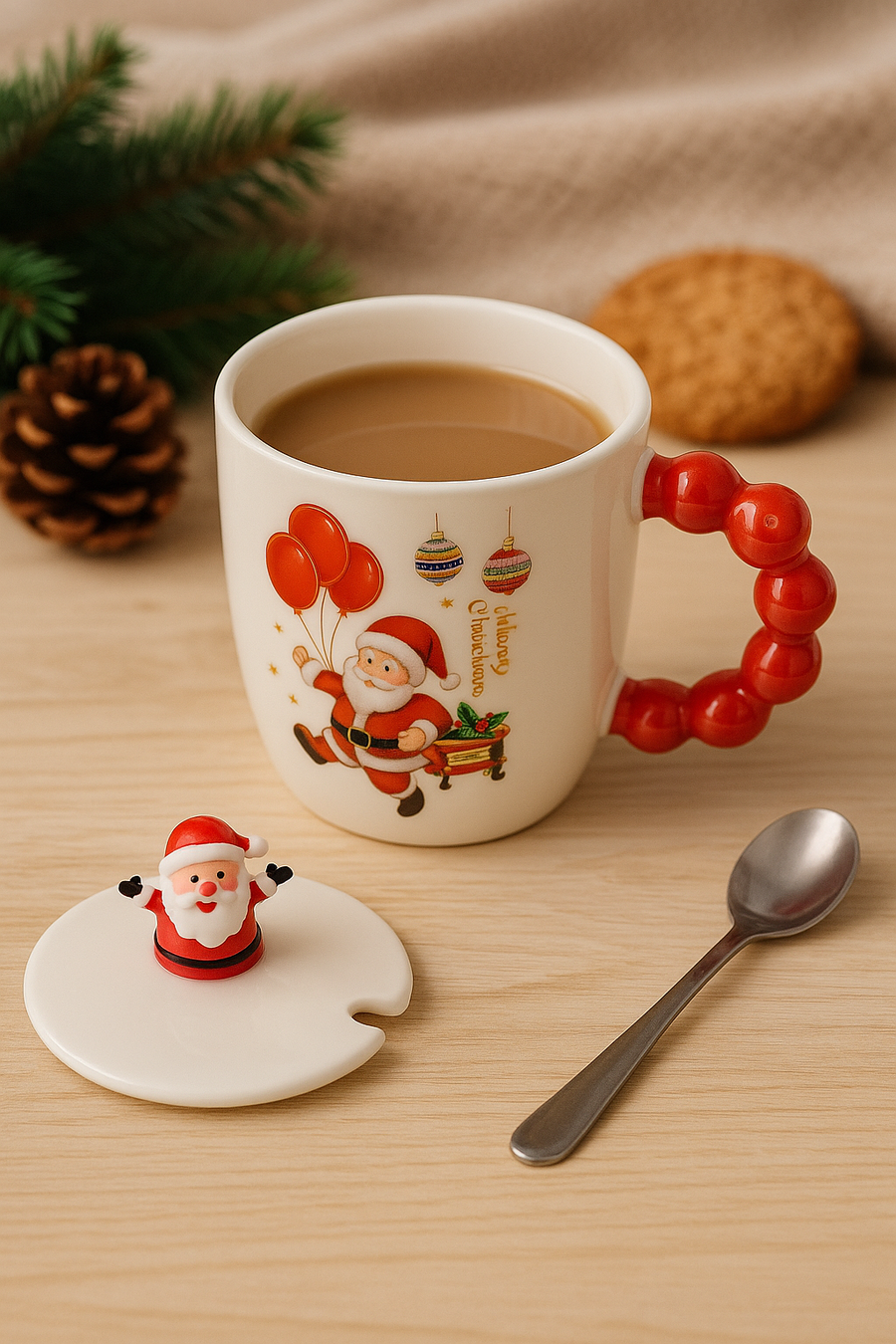 Christmas Ceramic Mug with Lid & Spoon | 350 ML Santa Mug with Red Handle | Merry Christmas Gift Cup for Coffee