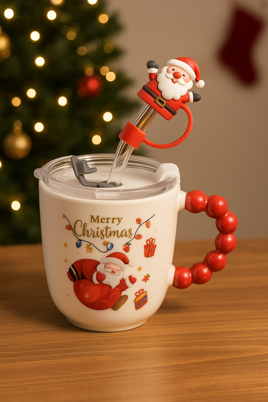 🎅 Festive “Merry Christmas” Santa Mug with Straw & Lid Set